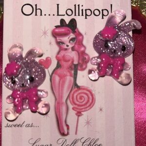 Pink glitter sparkle Bunny Oh lollipop sugardoll earrings stud post kawaii doll